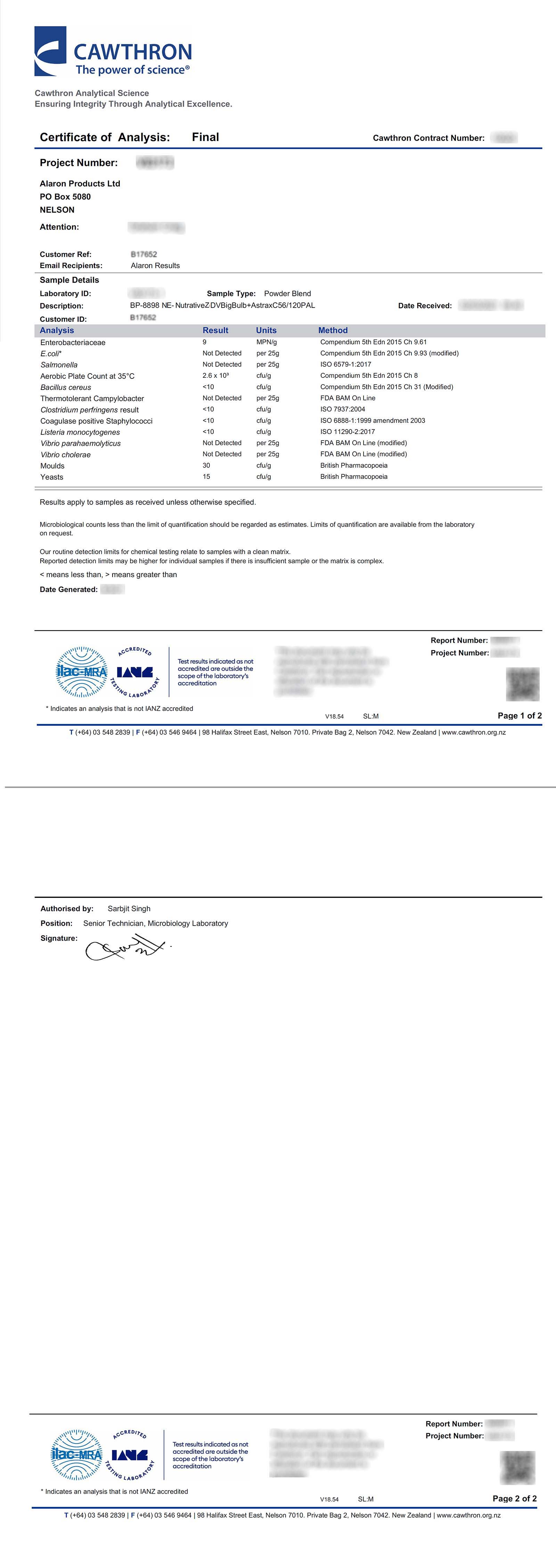 Microbial Test Report NutritiveZ™ LIFEFORCE DVA + AX