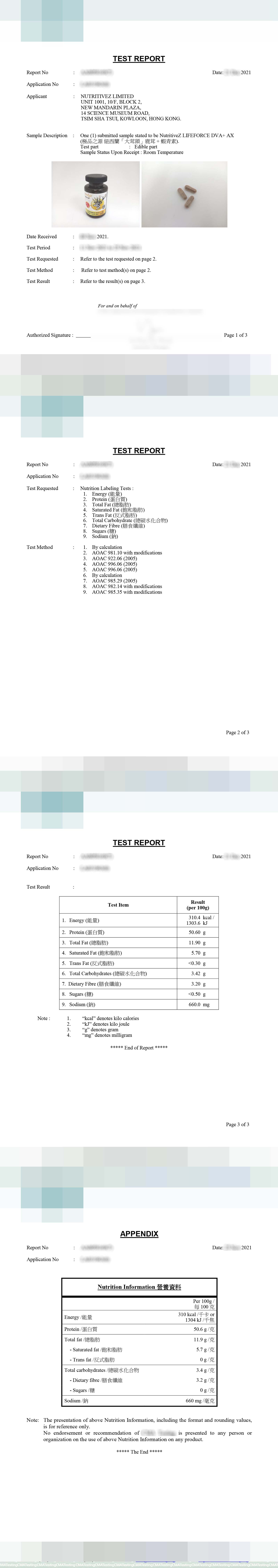 Nutrition Level Test Report for NutritiveZ™ LIFEFORCE DVA + AX Capsules